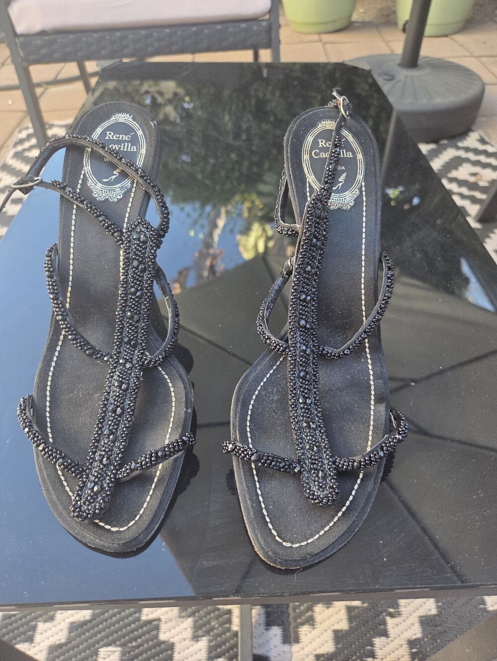 Rene Caovilla Black Beaded Strappy Sandals